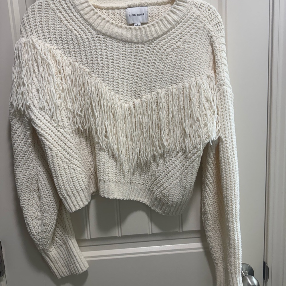 Pink Rose Ivory Fringe Sweater